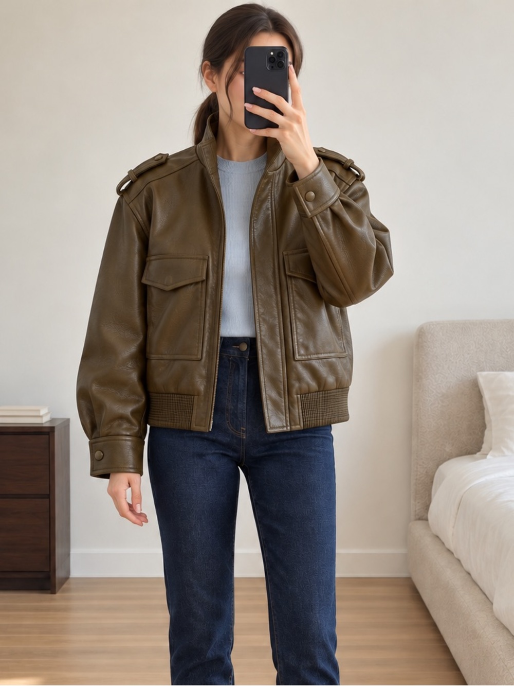 Zara Olive Green Cropped Faux Leather Utility Jacket High Collar